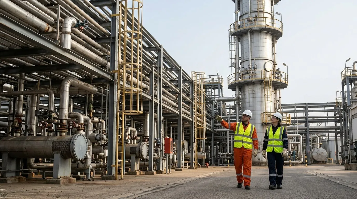Two engineers in hard hats and hi-vis vests walking past a pipe rack and a distillation column at a refinery