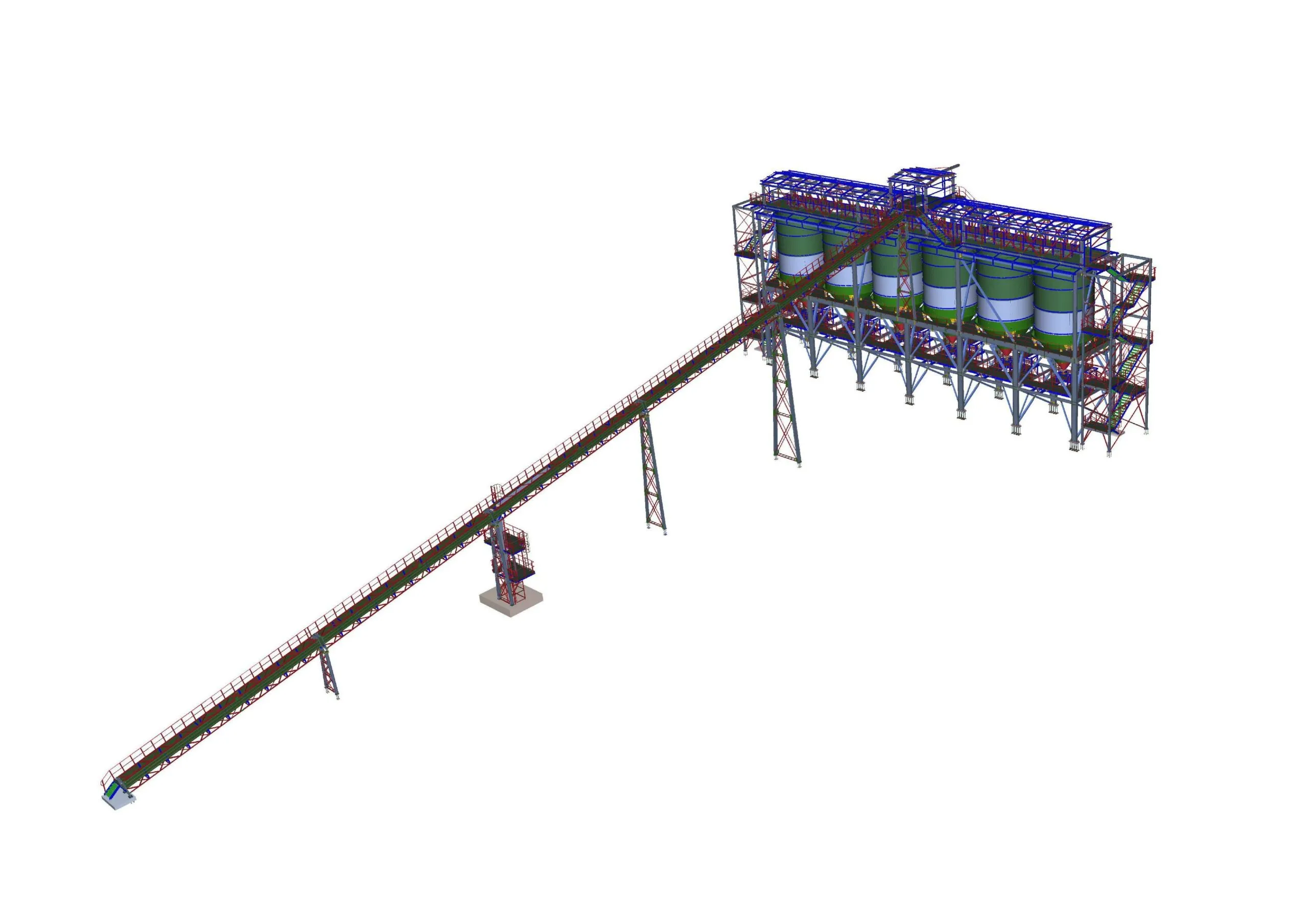 3D model of a bulk loading station with inclined conveyor and silos